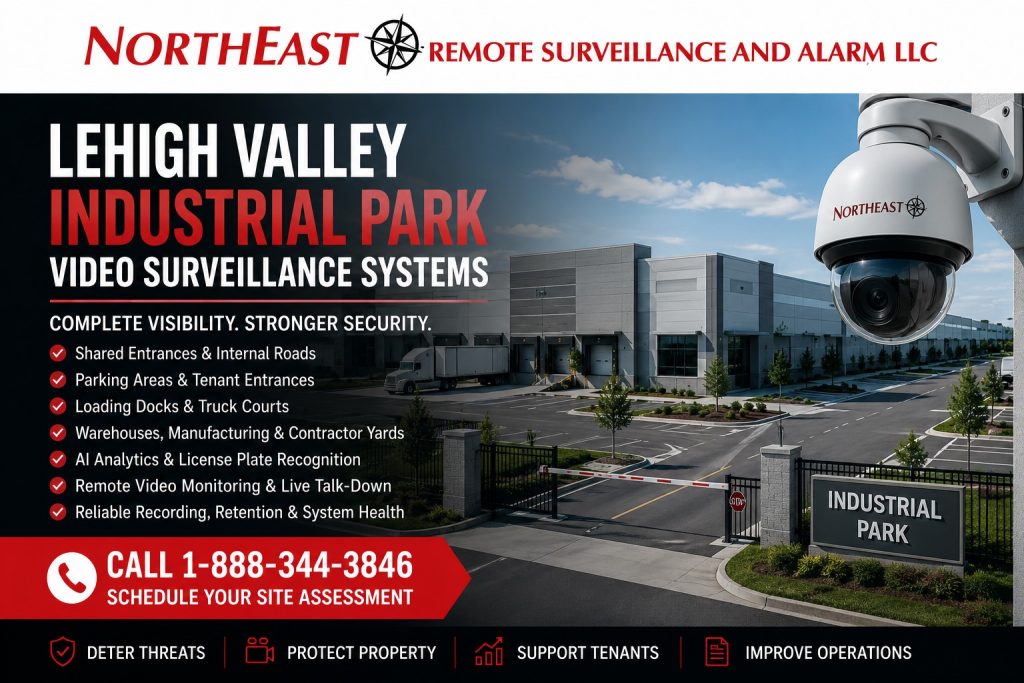 Lehigh Valley Industrial Park Video Surveillance Systems NERSA Lehigh Valley industrial park video-surveillance system covering shared entrances, internal roads, tenant buildings, parking lots, loading docks, truck courts, exterior storage, vehicle gates, and common areas.