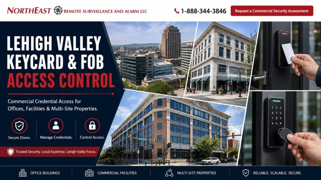 Lehigh Valley Key Card & Fob Systems Access Control NERSA Lehigh Valley keycard, key fob, and mobile credential access control systems for commercial offices, industrial facilities, warehouses, and multi-site properties in Allentown, Bethlehem, Easton, and the surrounding Lehigh Valley.