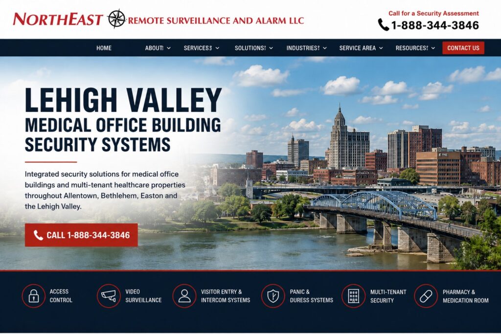 Lehigh Valley Medical Office Security Systems NERSA Lehigh Valley medical office building security systems hero featuring a Lehigh Valley cityscape, medical office security planning, access control, video surveillance, visitor entry and intercom systems, panic and duress protection, multi-tenant security, pharmacy and medication-room security, and Northeast Remote Surveillance and Alarm branding.