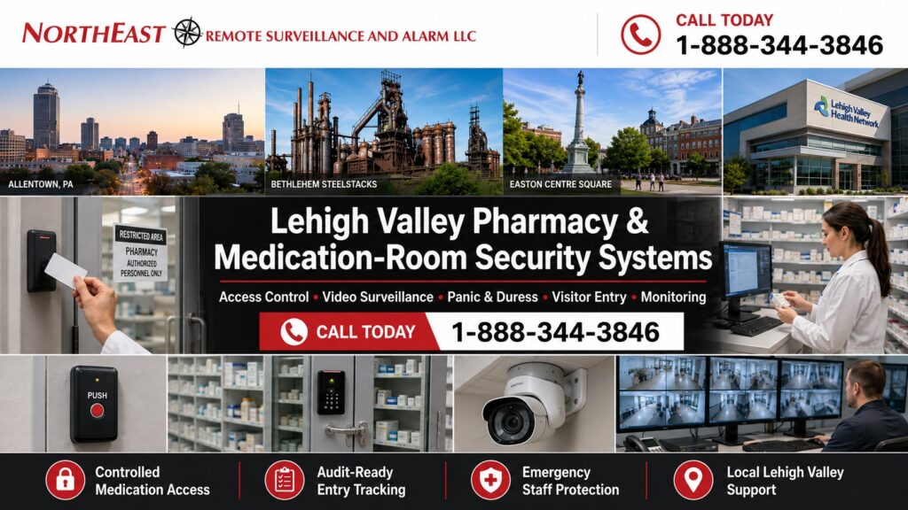 Lehigh Valley Pharmacy and Medication Room Security System NERSA Lehigh Valley pharmacy and medication-room security systems collage featuring Allentown, Bethlehem SteelStacks, Easton Centre Square, a Lehigh Valley healthcare facility, restricted pharmacy access control, panic and duress protection, medication storage, video surveillance, monitoring, and Northeast Remote Surveillance and Alarm branding.