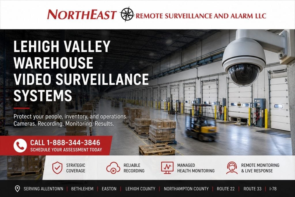 Lehigh Valley warehouse video surveillance system covering loading docks, shipping and receiving areas, warehouse aisles, truck courts, trailer storage, parking areas, employee entrances, and vehicle gates.