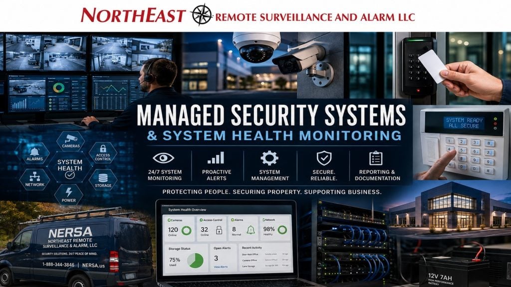 Managed security systems and system health monitoring collage featuring video surveillance, access control, alarm monitoring, network equipment, backup power, remote system dashboards, and a commercial security operations center.