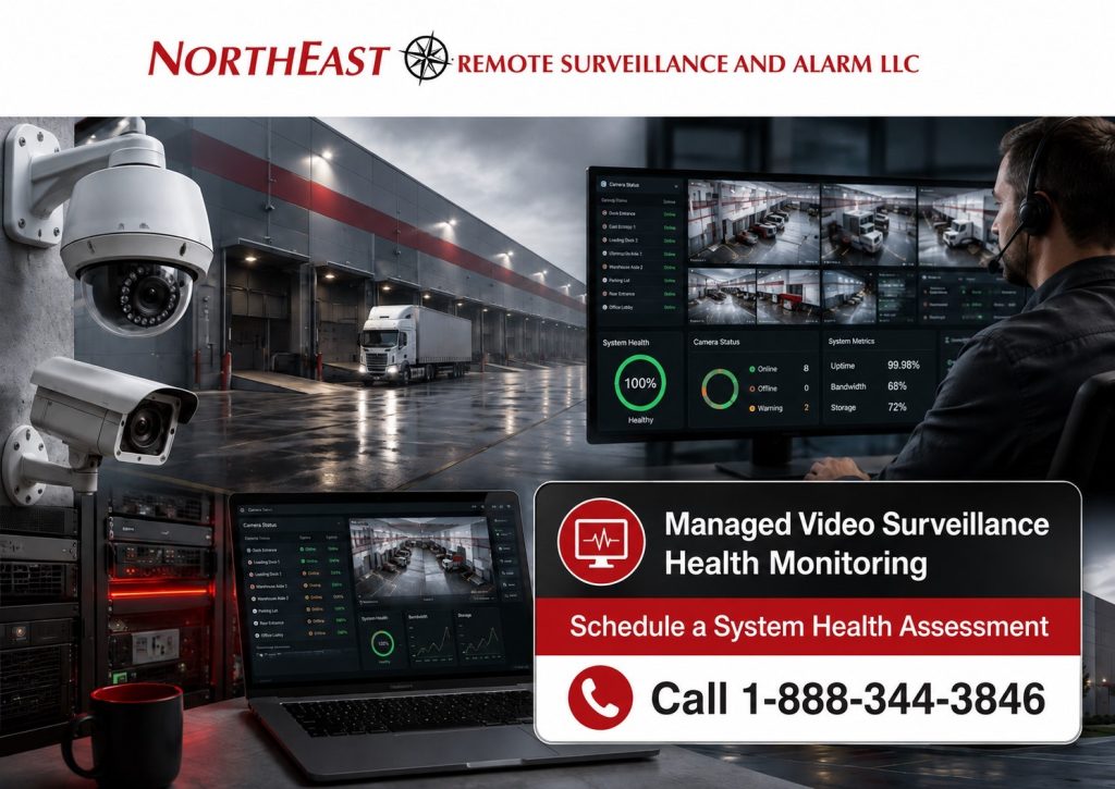 Managed video surveillance health monitoring for a commercial warehouse, featuring security cameras, system-status dashboards, a monitoring operator, server equipment, and a call-to-action to schedule an assessment with Northeast Remote Surveillance and Alarm.