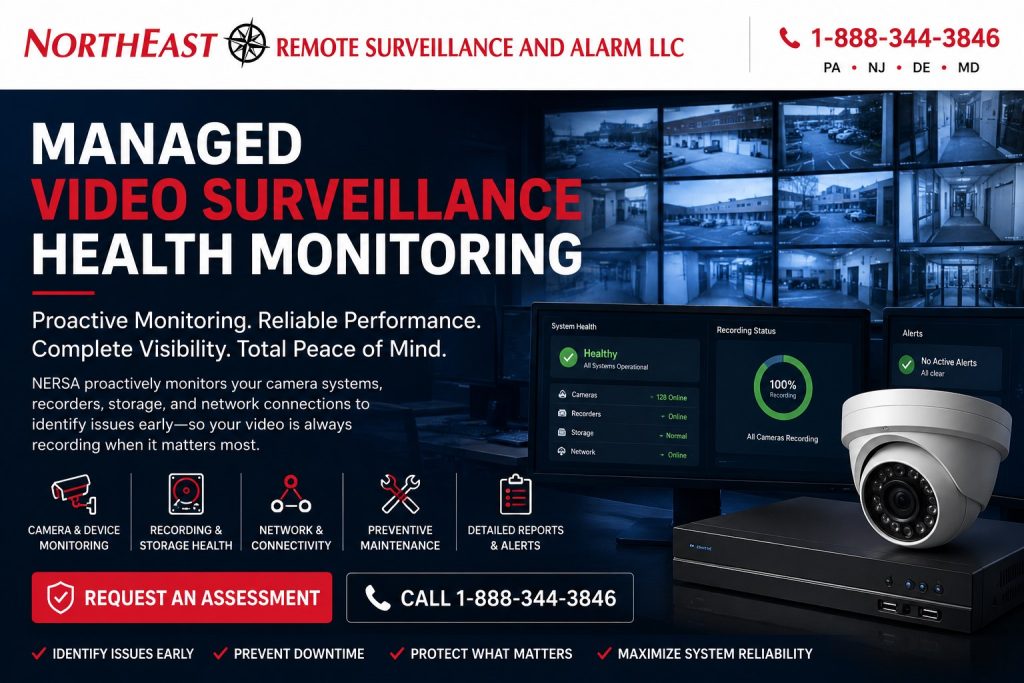 Managed Video Surveillance Health Monitoring NERSA Managed commercial video surveillance health monitoring for cameras, recorders, storage, and network connections