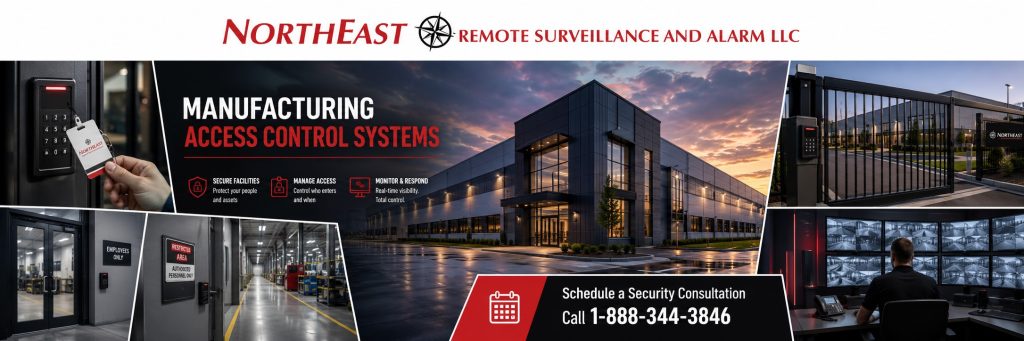 Manufacturing access control systems in Easton, PA with employee badge readers, secured factory entrances, controlled gates, surveillance monitoring, and NERSA security consultation CTA.