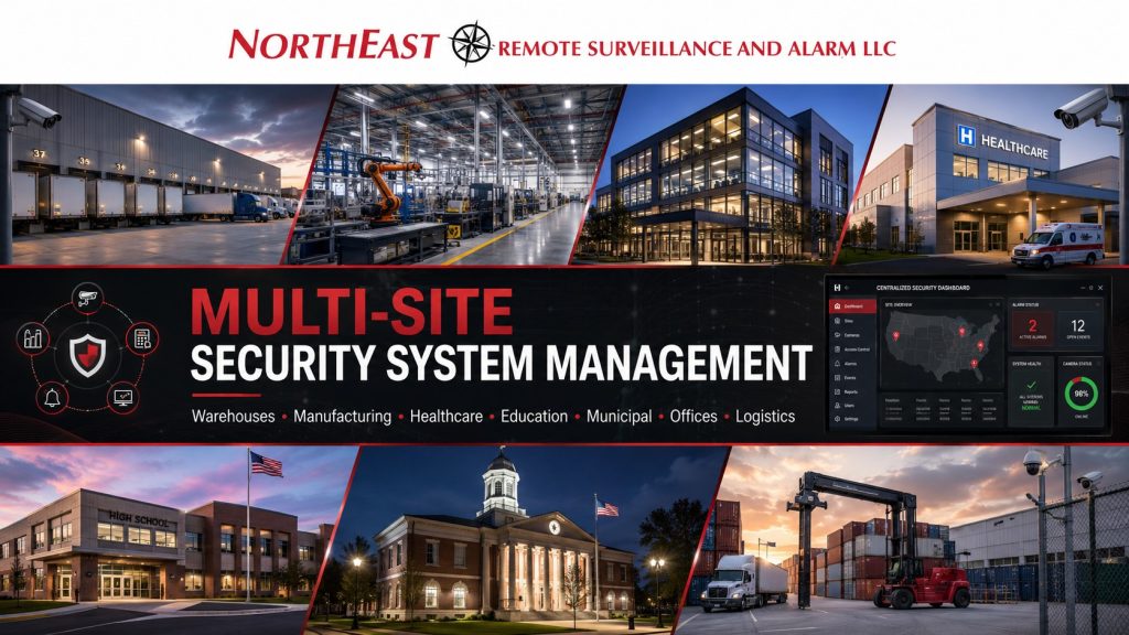 Multi-Site Security System Management NERSA Multi-site security system management for commercial facilities, featuring centralized video surveillance, access control, alarm monitoring, system-health dashboards, service coordination, and multiple business locations.