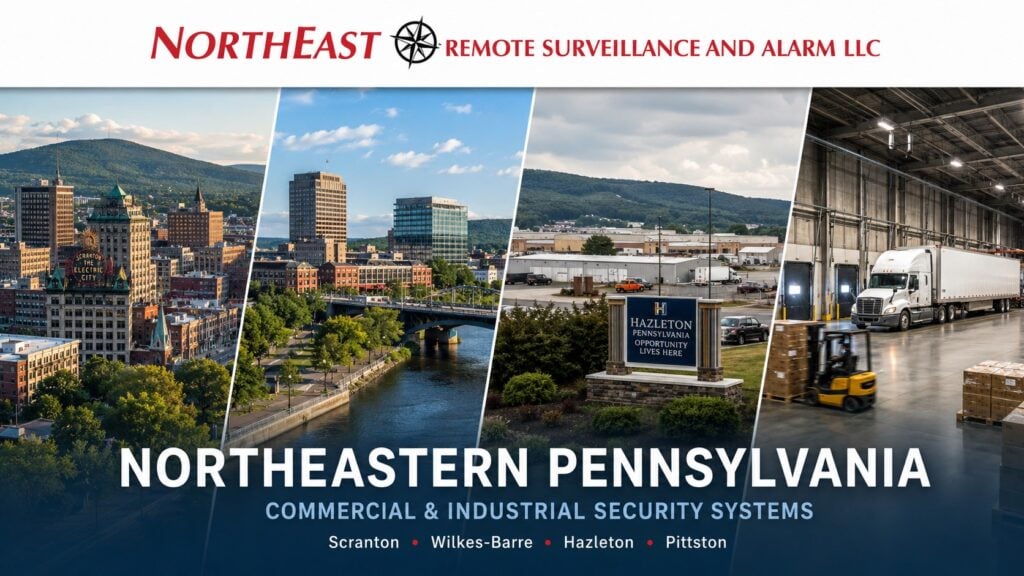 Northeastern Pennsylvania commercial and industrial security systems by NERSA, featuring Scranton, Wilkes-Barre, Hazleton, Pittston, and NEPA warehouse and logistics facilities.