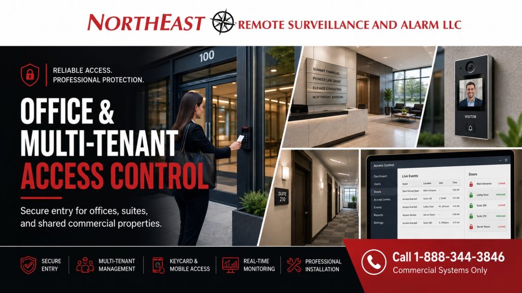 Office and Multi-Tenant Access Control In Easton, PA NERSA Office and multi-tenant access control systems in Easton, PA with keycard entry, visitor intercom, tenant suite access, access management software, and NERSA commercial security CTA.