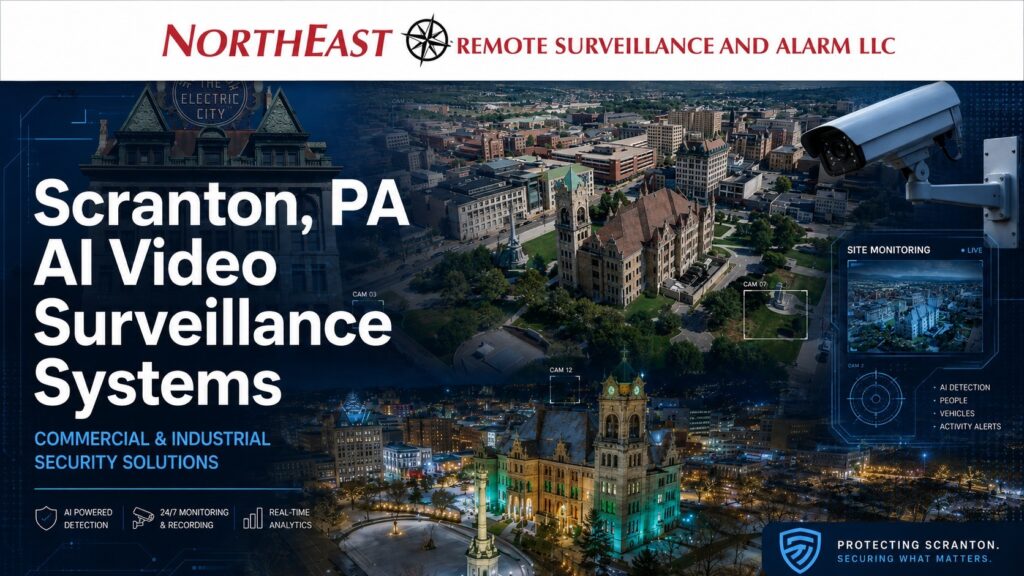 Scranton, PA AI video surveillance systems hero featuring downtown Scranton landmarks, the Electric City sign, commercial security cameras, AI detection graphics, and Northeast Remote Surveillance and Alarm branding.
