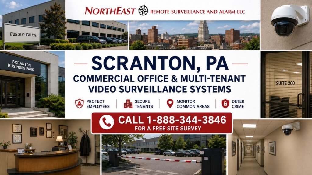 Scranton PA Commercial Office and Multi-Tenant Video Surveillance Systems Scranton, PA commercial office and multi-tenant video surveillance systems by NERSA, featuring office entrances, tenant spaces, parking areas, common areas, and security camera coverage.