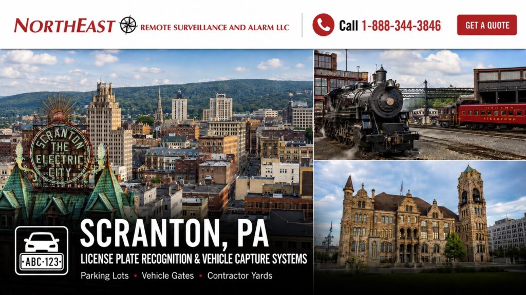 Scranton PA License Plate Captures and Vehicle Recognition NERSA Scranton, PA license plate recognition and vehicle capture systems by NERSA, featuring downtown Scranton, Steamtown, parking lots, vehicle gates, and contractor-yard security.