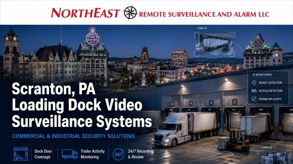 Scranton PA Loading Dock Video Surveillance Systems NERSA Scranton, PA loading dock video surveillance systems hero featuring real Scranton landmarks, warehouse loading docks, trucks, forklift activity, AI monitoring graphics, and Northeast Remote Surveillance and Alarm branding.
