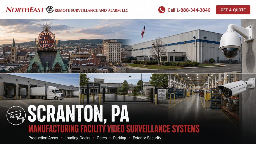 Scranton, PA manufacturing facility video surveillance systems by NERSA, featuring the Electric City skyline, industrial buildings, loading docks, gated access, production areas, and exterior security cameras.