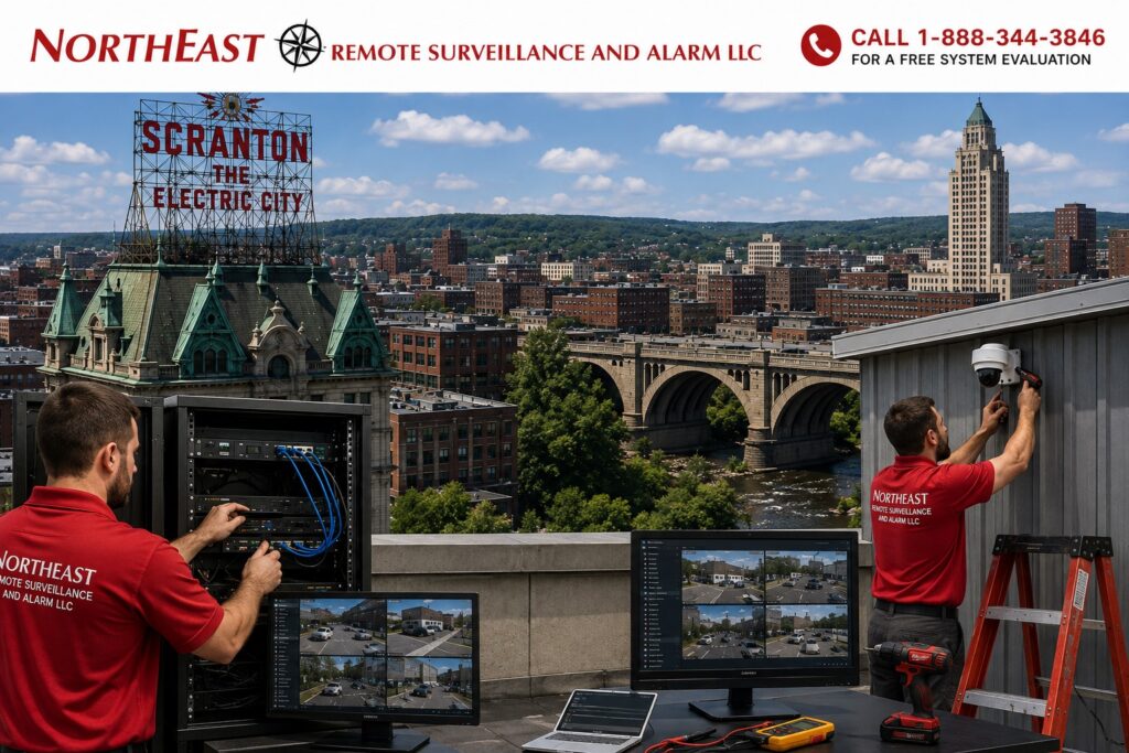 Scranton PA Video Surveillance Upgrades and Take Overs NERSA Scranton, PA video surveillance system upgrades and takeovers by NERSA, featuring technicians in red uniforms, security cameras, network equipment, monitoring displays, and the Scranton Electric City skyline.