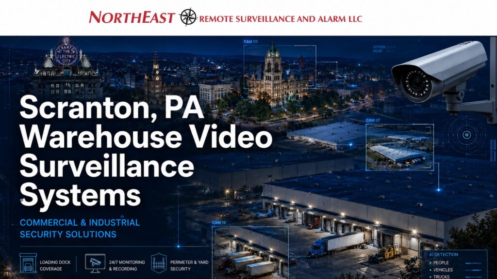 Scranton, PA warehouse video surveillance systems hero featuring real Scranton landmarks, commercial warehouse and loading dock imagery, security cameras, AI detection overlays, perimeter monitoring, and Northeast Remote Surveillance and Alarm branding.