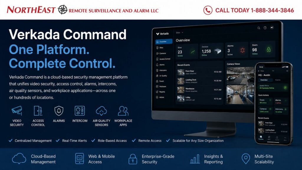 Verkada Command NERSA Verkada Command commercial security management platform with centralized video surveillance, access control, alarms, intercoms, air quality sensors, mobile access, and multi-site administration.