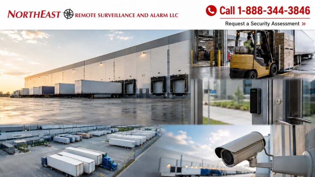 Distribution & Logistics Center Security NERSA Distribution and logistics center security system with warehouse loading docks, employee access control, security cameras, trailer yard monitoring, truck entrances, and commercial alarm protection.