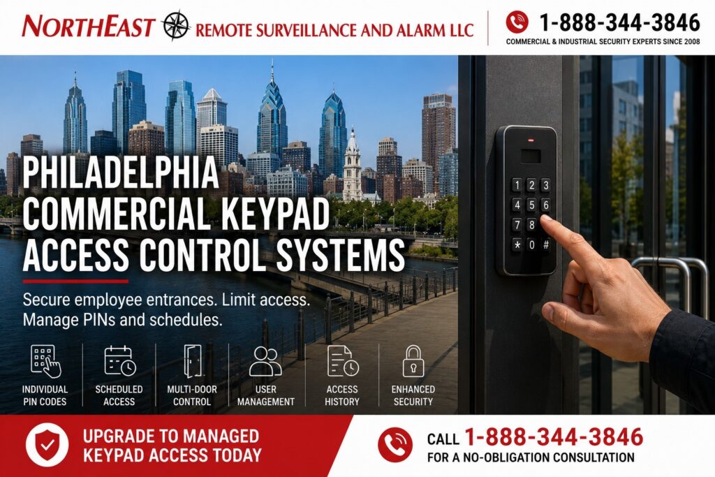 Philadelphia Commercial KeyPad Access Control Systems NERSA Philadelphia commercial keypad access control system with employee entering an individual PIN at a secured business entrance.