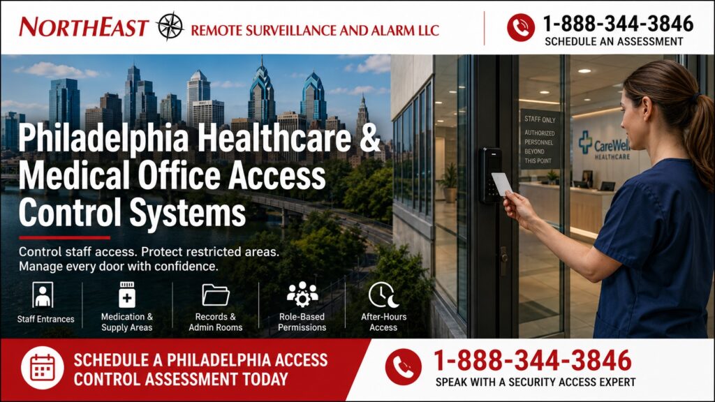 Philadelphia healthcare and medical office access control system protecting staff entrances, medication storage, records rooms, and restricted clinical areas.