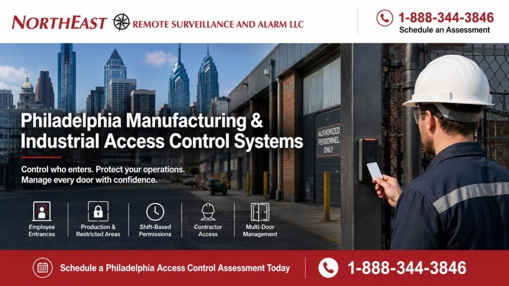 Philadelphia Manufacturing Access Control Systems NERSA Philadelphia manufacturing and industrial access control system with employee credential reader, restricted facility entrance, Philadelphia skyline, and NERSA commercial security branding.