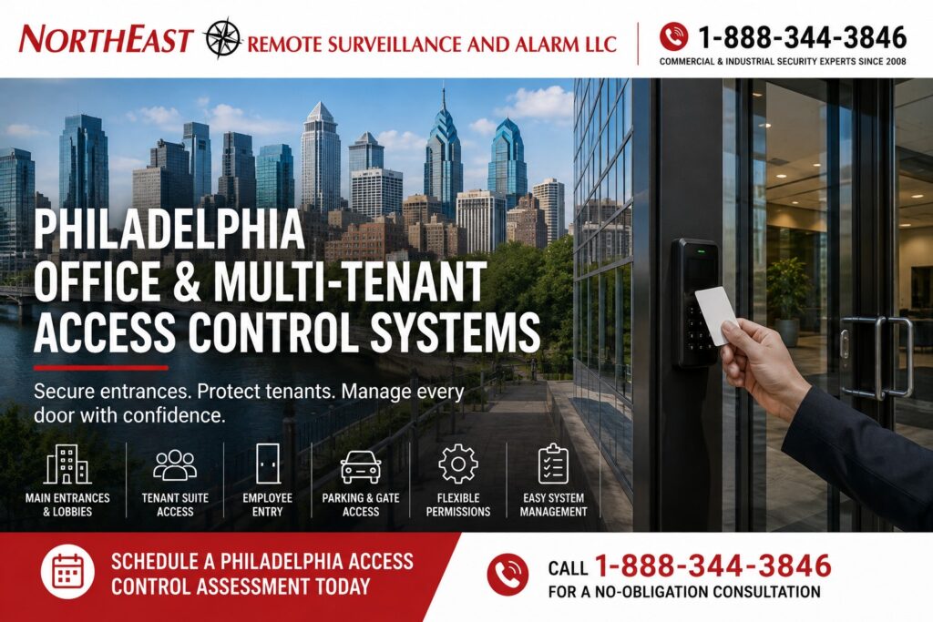 Philadelphia Office and Multi-Tenant Access Control Systems NERSA Philadelphia office building and multi-tenant access control system protecting shared entrances, tenant suites, employee doors, and restricted office areas.