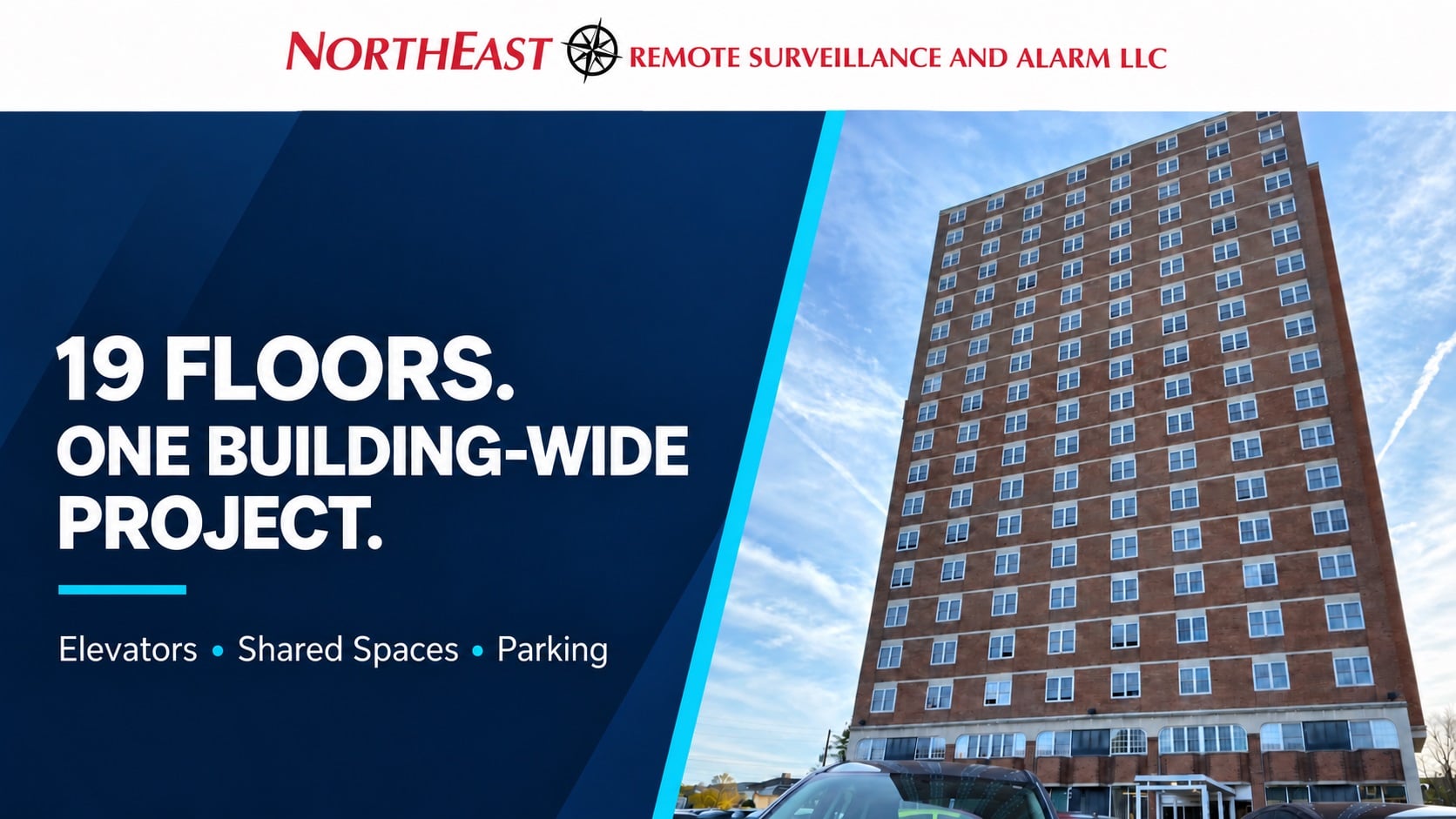 19 floors, one building-wide project: elevators, shared spaces, and parking at Arbor View Towers.