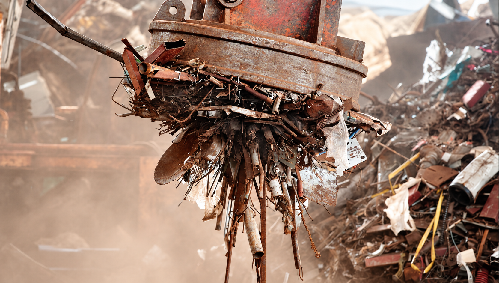 Scrap-lifting magnet handling metal at a recycling facility; customer-supplied image enhanced for presentation