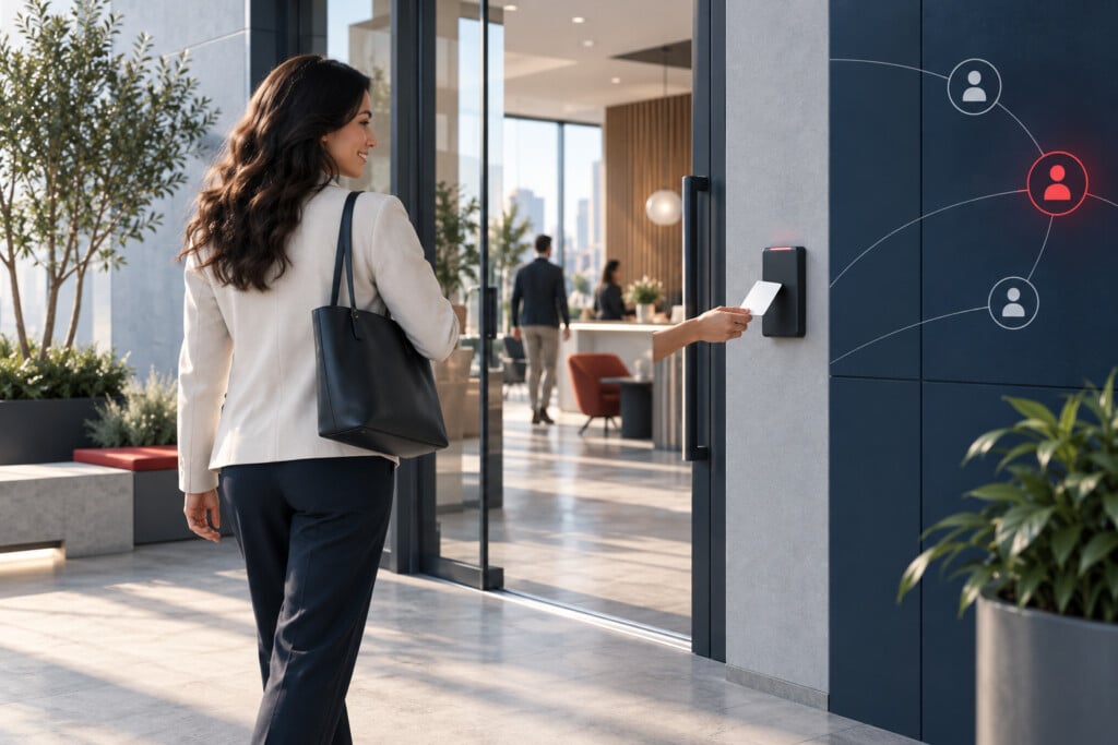 Illustration of a person using an access card at an office entrance