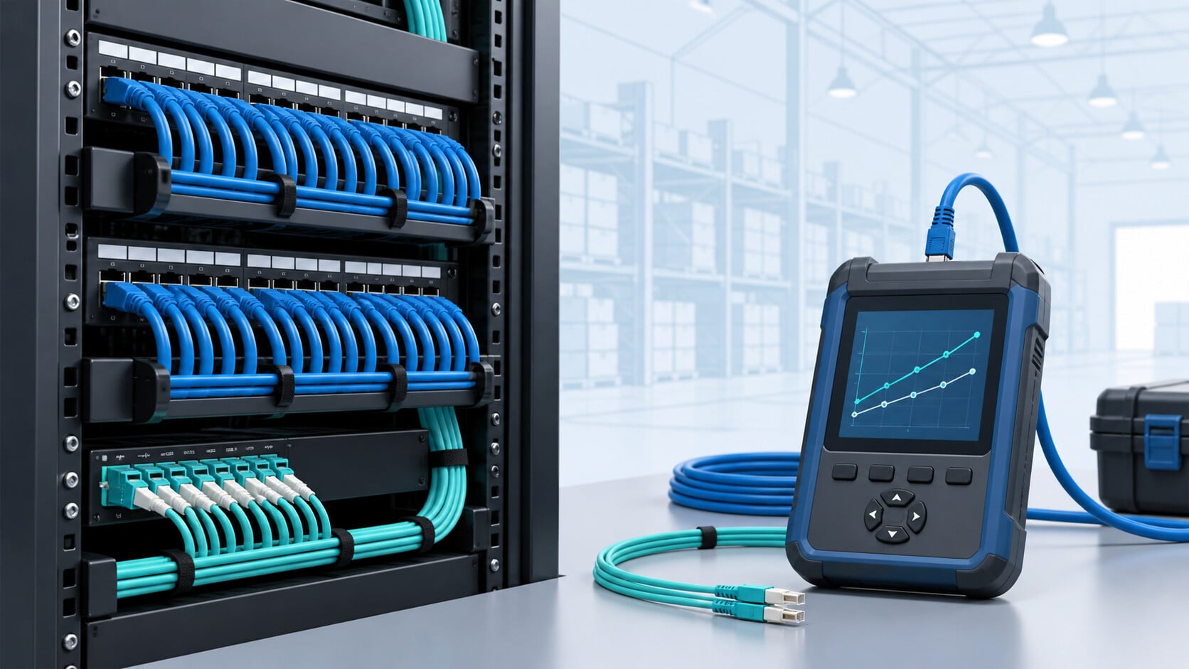 Illustration of commercial structured copper and fiber cabling with a test instrument