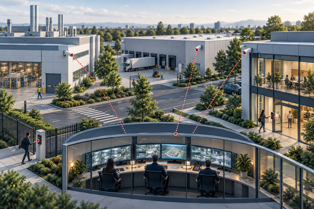 Illustration of connected security systems across a business campus