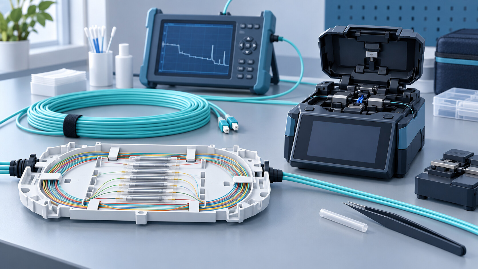 Illustration of fiber optic testing, a fusion splicer, and a protected splice tray