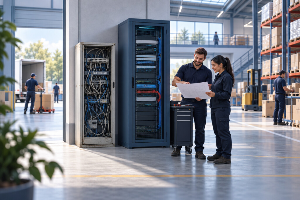 Illustration of technicians planning an equipment upgrade