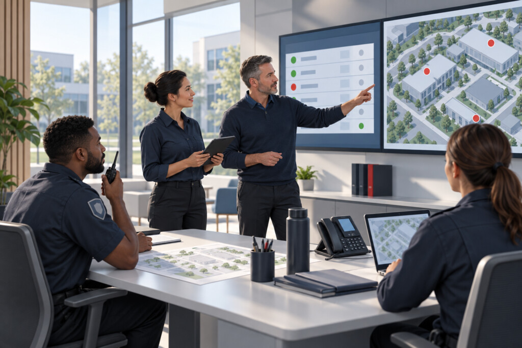Illustration of a team reviewing site events and responsibilities
