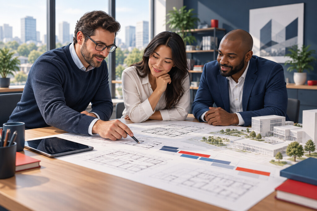Illustration of a team planning a facility project together