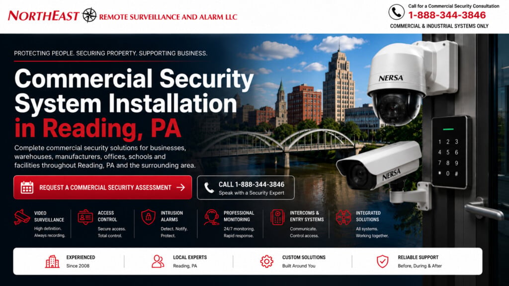 Illustration of video surveillance, access control, alarms and intercom systems for Reading commercial properties.