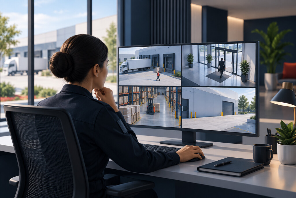 Illustration of an operator reviewing security camera views