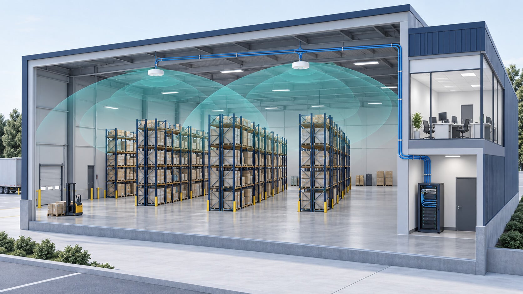 Illustration of commercial wireless access points and network cabling in a warehouse