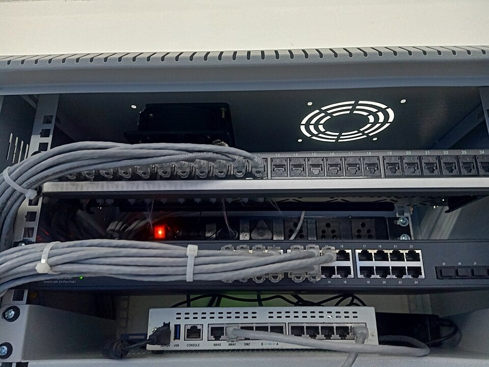 Network rack with patch panels, switches and organized cabling
