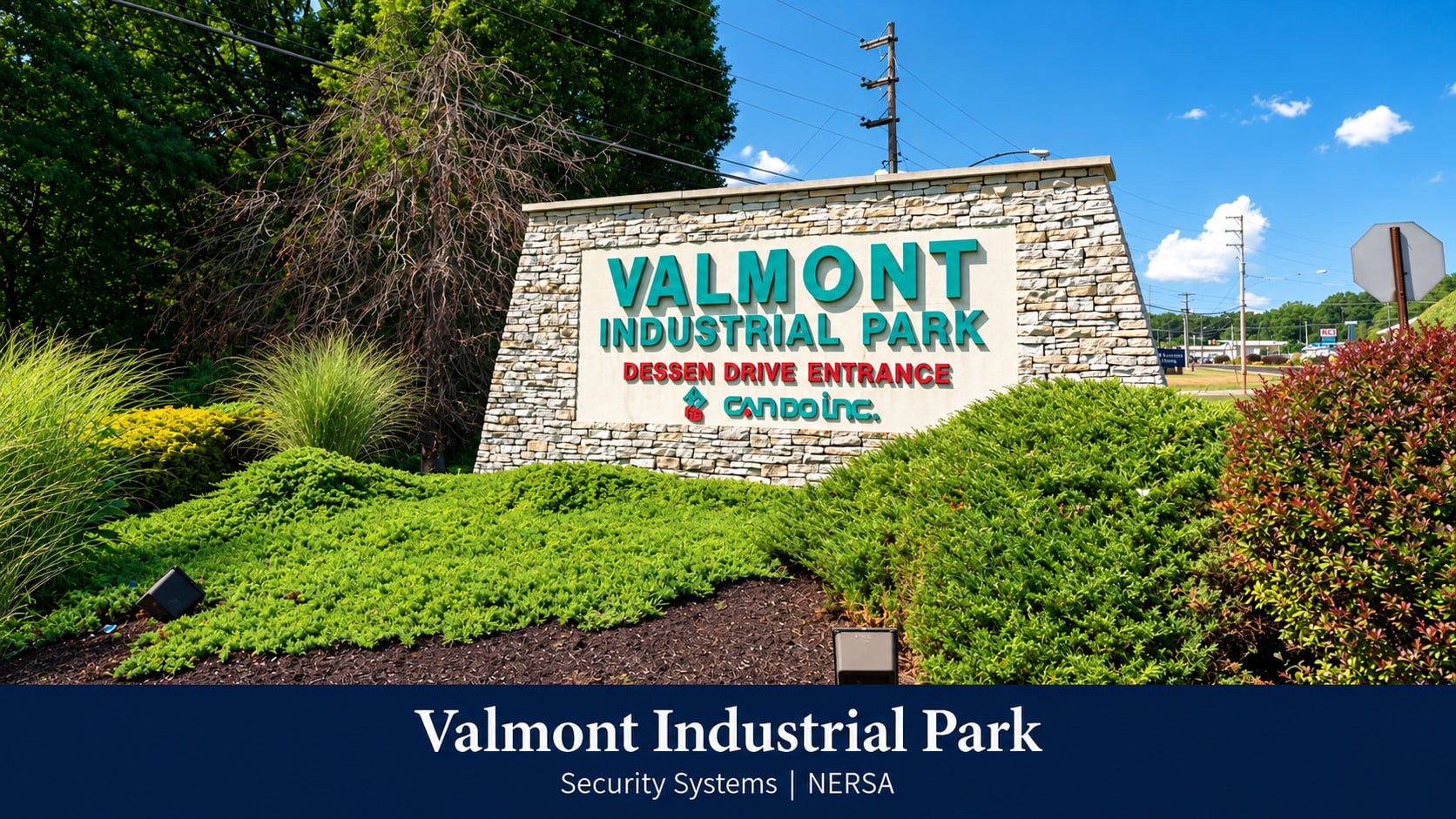 Valmont Industrial Park entrance sign with NERSA security systems title